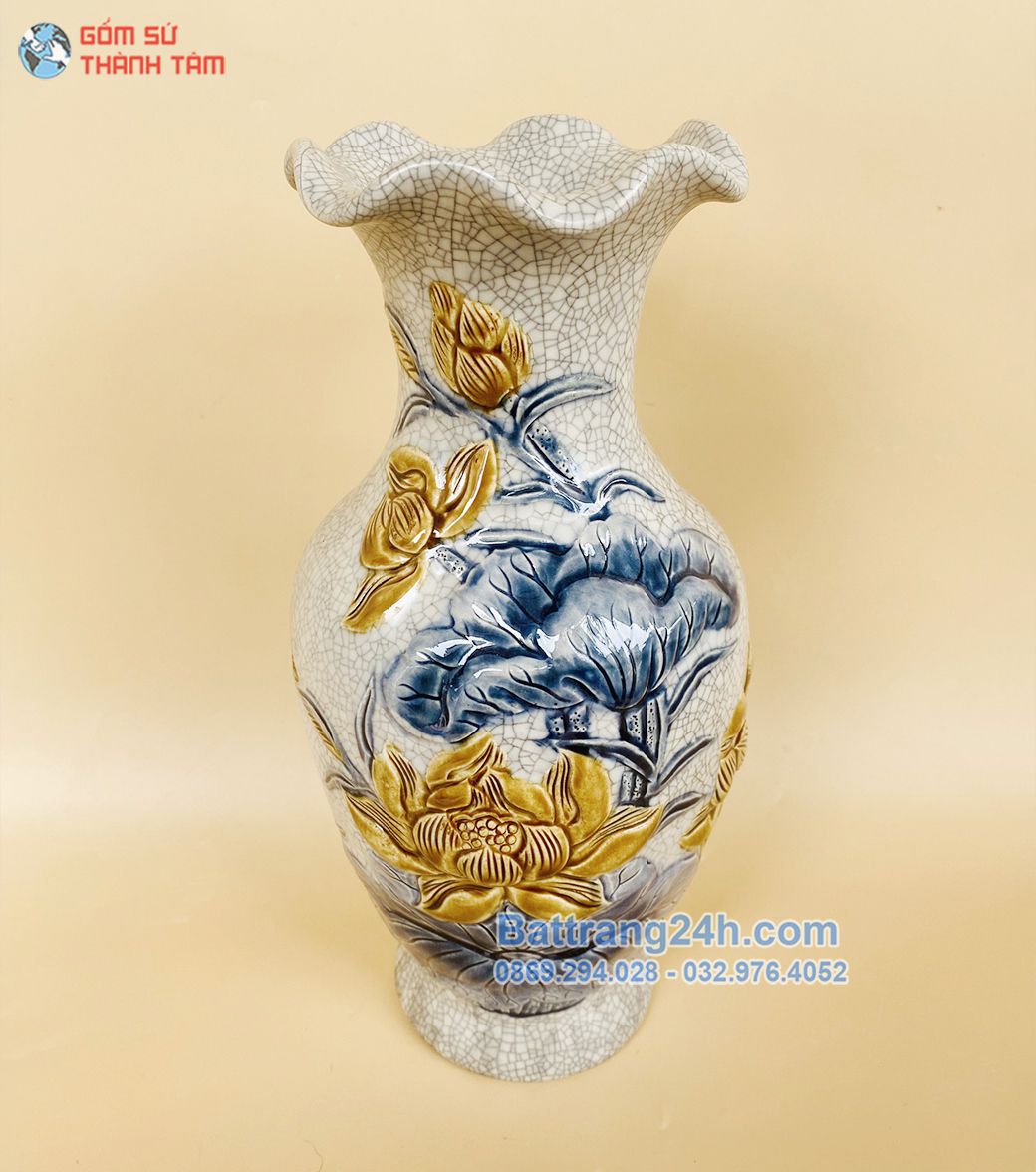 Bình cắm hoa đồ thờ men rạn đắp nổi hoa Sen đẹp mắt, cao cấp